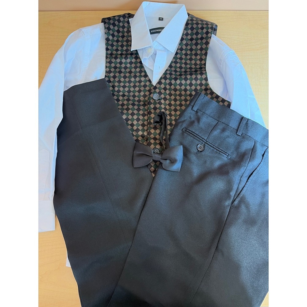 Kids World of USA Boys 4-Piece Suit Set Size 16 White Shirt Checkered Vest Pants